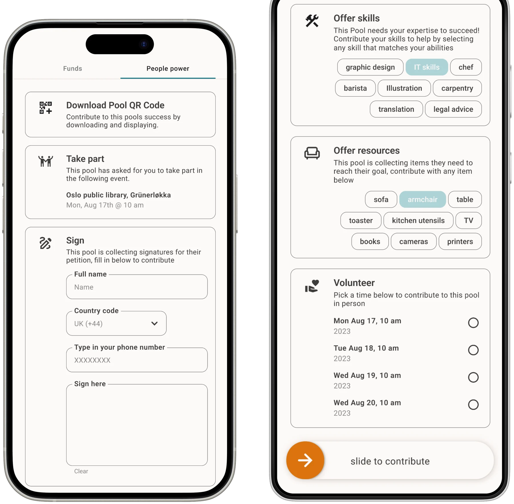 Poola screens showing ways to contribute: skills, resources, volunteering and signing