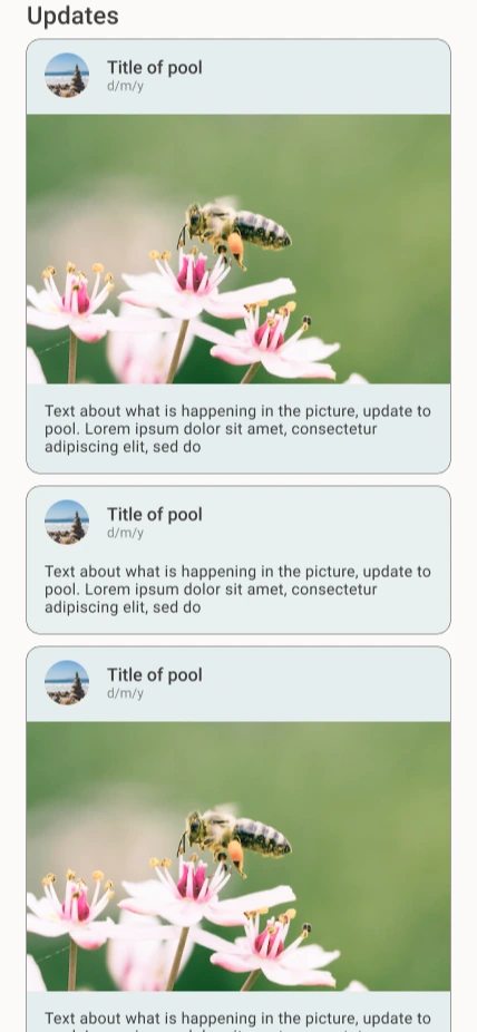Poola Updates screen showing saved Pools and campaign updates